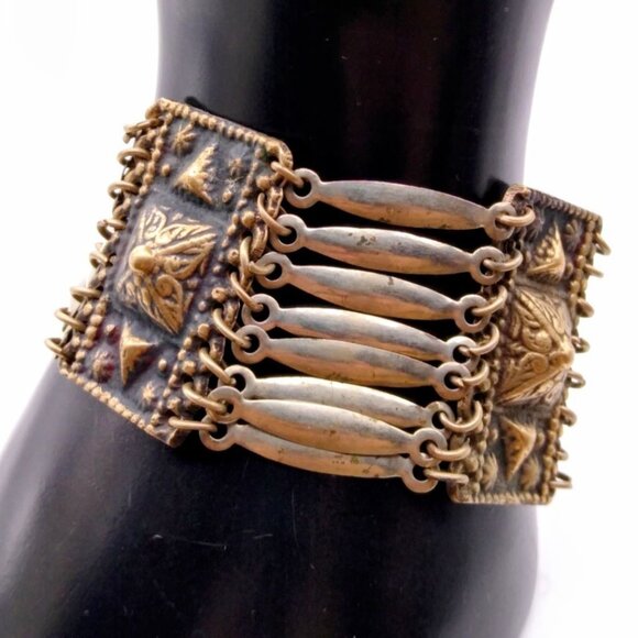 Pyramid Links Panel Bracelet, Vintage Silver Statement Bangle, Stamped Mexico - Picture 1 of 6